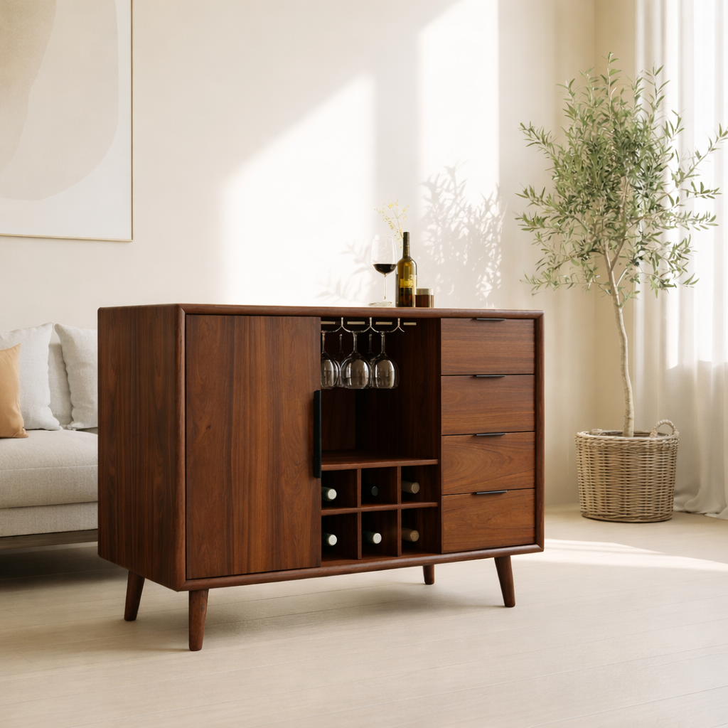 Solid Wood Wine Storage Cabinet with Bottle Rack, Glass Holders and Drawers for Modern Homes