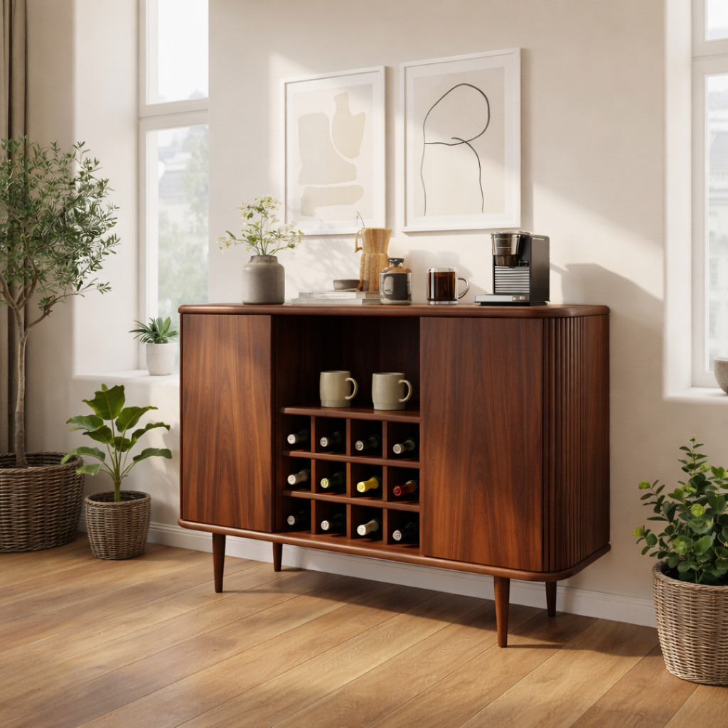 Solid Wood Wine Storage Cabinet with Built-In Bottle Rack and Sliding Doors for Modern Homes