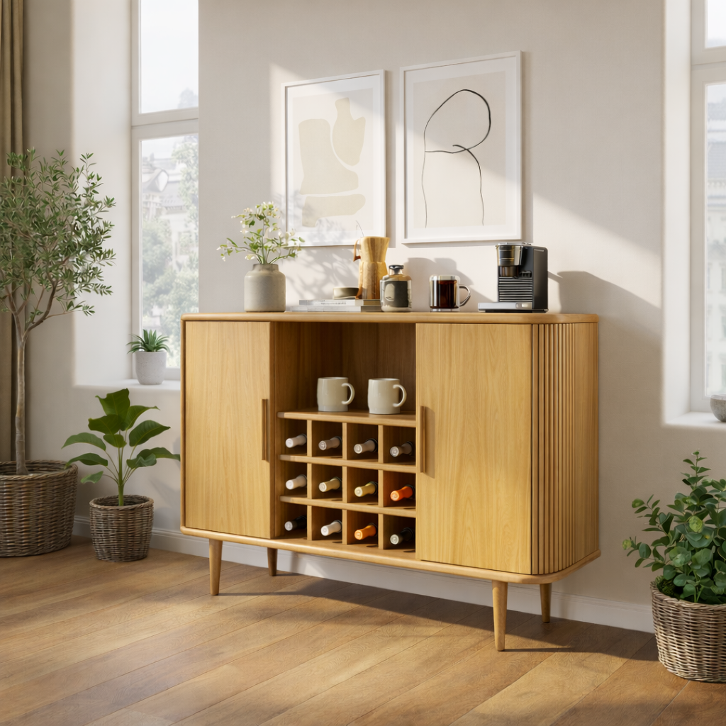 Solid Wood Wine Storage Cabinet with Built-In Bottle Rack and Sliding Doors for Modern Homes