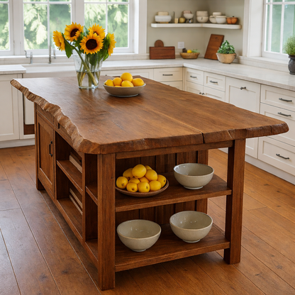 Live Edge Solid Wood Kitchen Island with Storage Shelves – Rustic Farmhouse