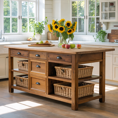 Solid Wood Kitchen Island with Drawers & Basket Storage – Farmhouse Prep Table
