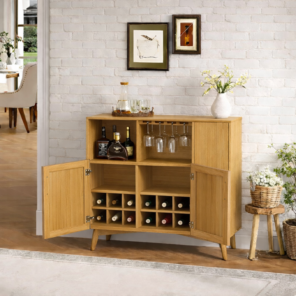 Handcrafted Solid Oak Wine Cabinet Scandinavian Bar Sideboard with Glass Rack Storage Display