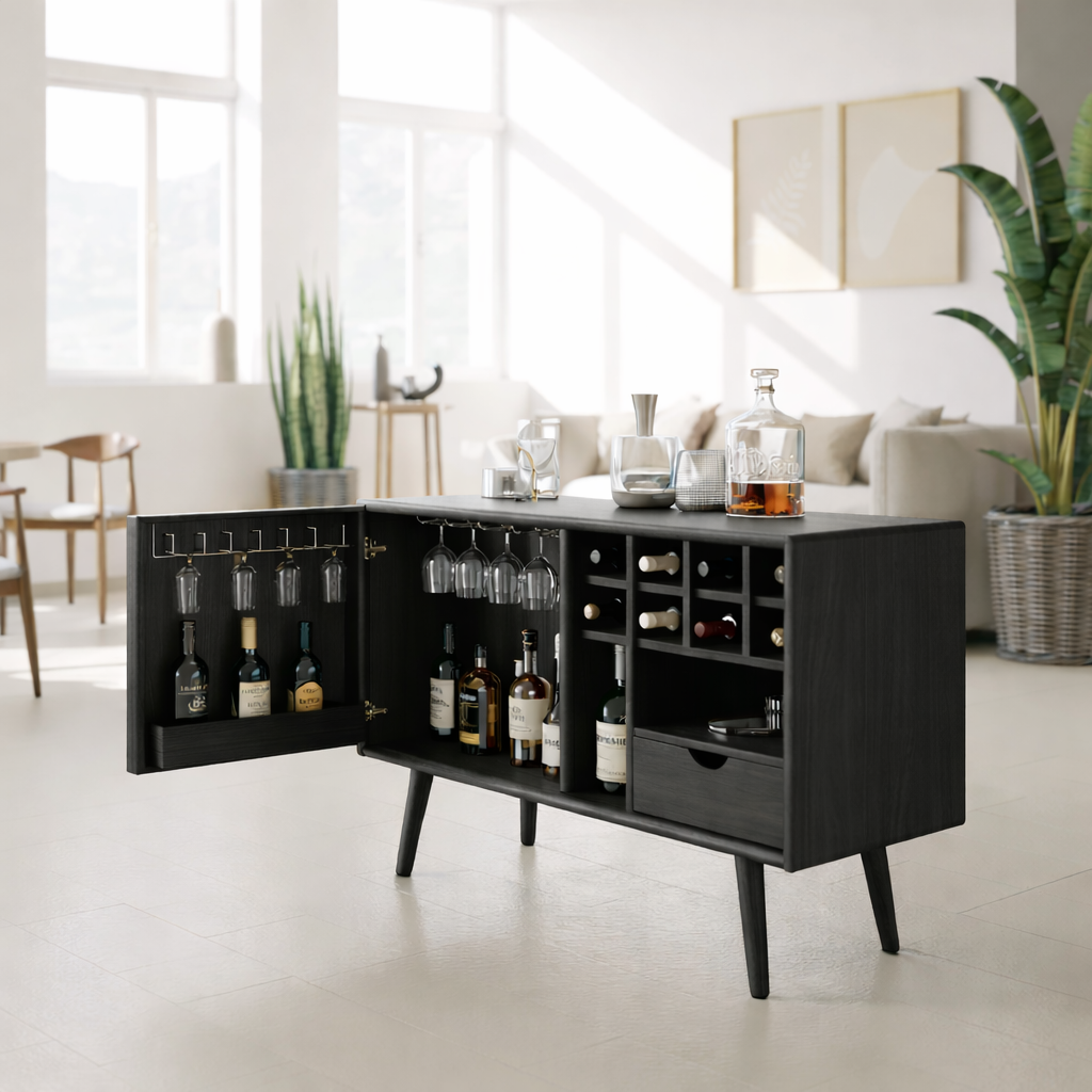 Solid Wood Wine Storage Cabinet with Glass Holders, Bottle Racks and Modern Mid-Century Design