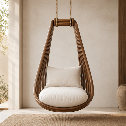Solid Walnut Hanging Lounge Chair – Sculptural Wooden Swing Chair with Ivory Cushions