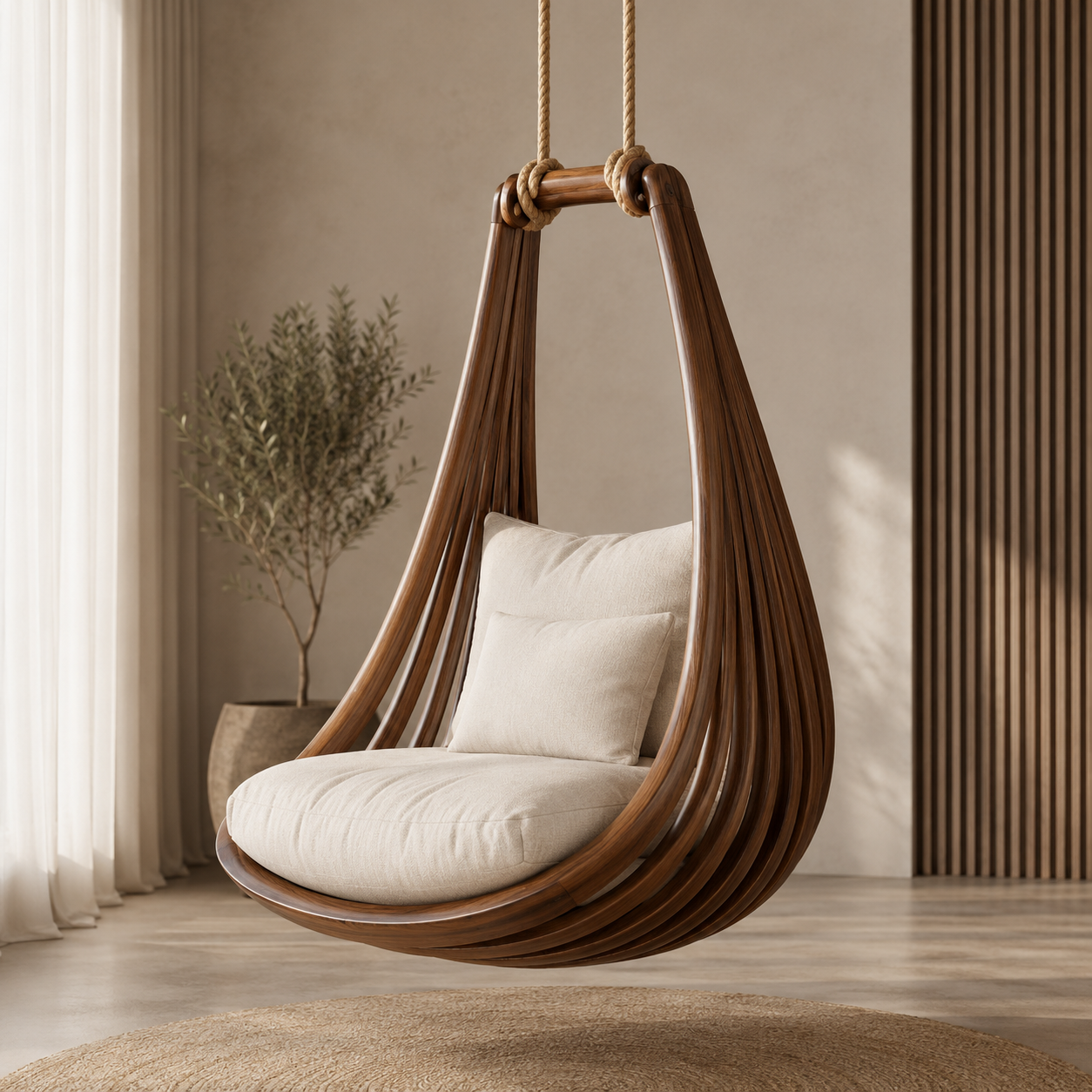 Solid Walnut Hanging Lounge Chair – Sculptural Wooden Swing Chair with Ivory Cushions