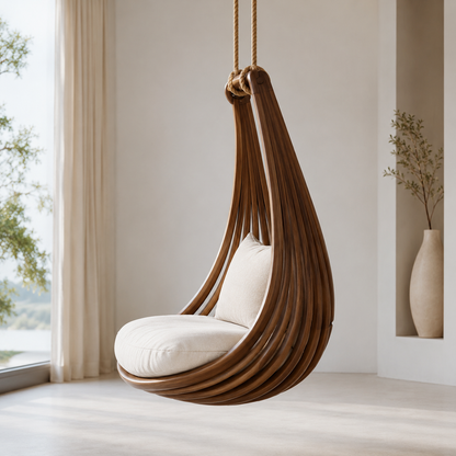 Solid Walnut Hanging Lounge Chair – Sculptural Wooden Swing Chair with Ivory Cushions