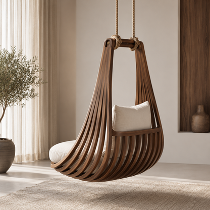 Solid Walnut Hanging Lounge Chair – Sculptural Wooden Swing Chair with Ivory Cushions