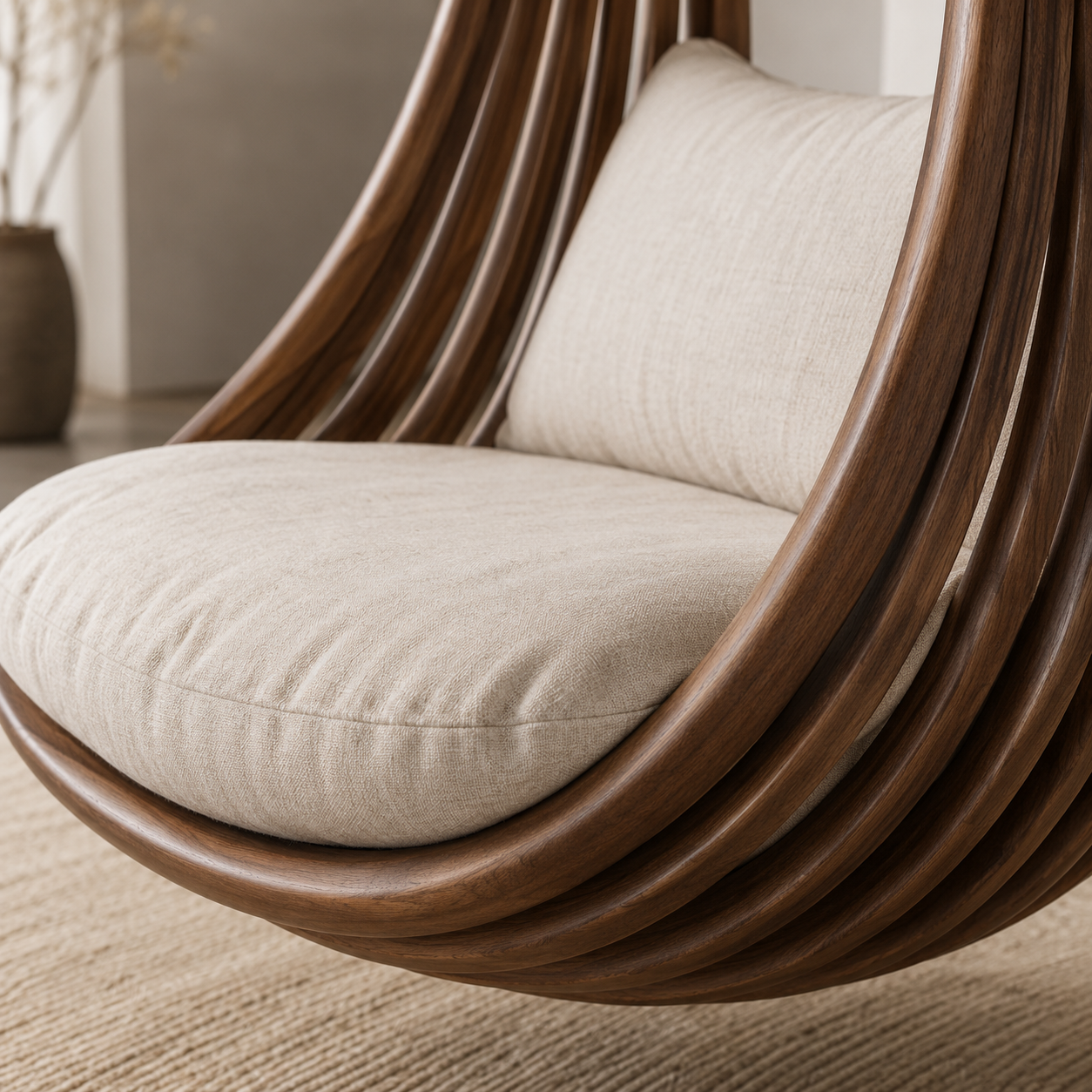 Solid Walnut Hanging Lounge Chair – Sculptural Wooden Swing Chair with Ivory Cushions