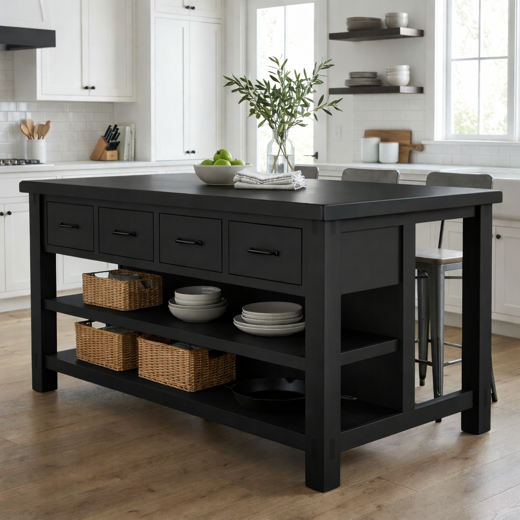 Solid Wood Kitchen Island with Drawers and Open Shelves – Farmhouse Butcher Block Prep Table Kitchnce