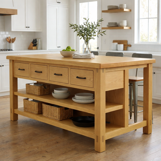 Solid Wood Kitchen Island with Drawers and Open Shelves – Farmhouse Butcher Block Prep Table Kitchnce