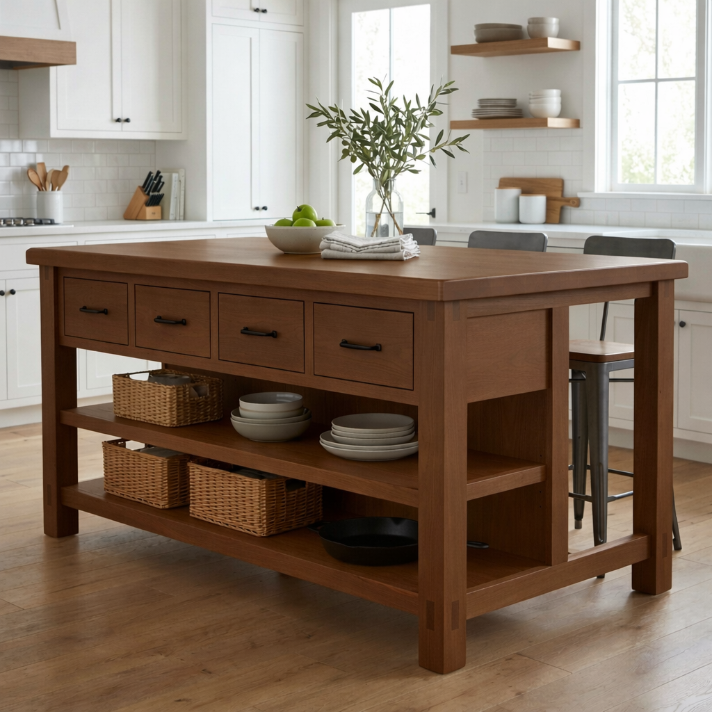 Solid Wood Kitchen Island with Drawers and Open Shelves – Farmhouse Butcher Block Prep Table Kitchnce