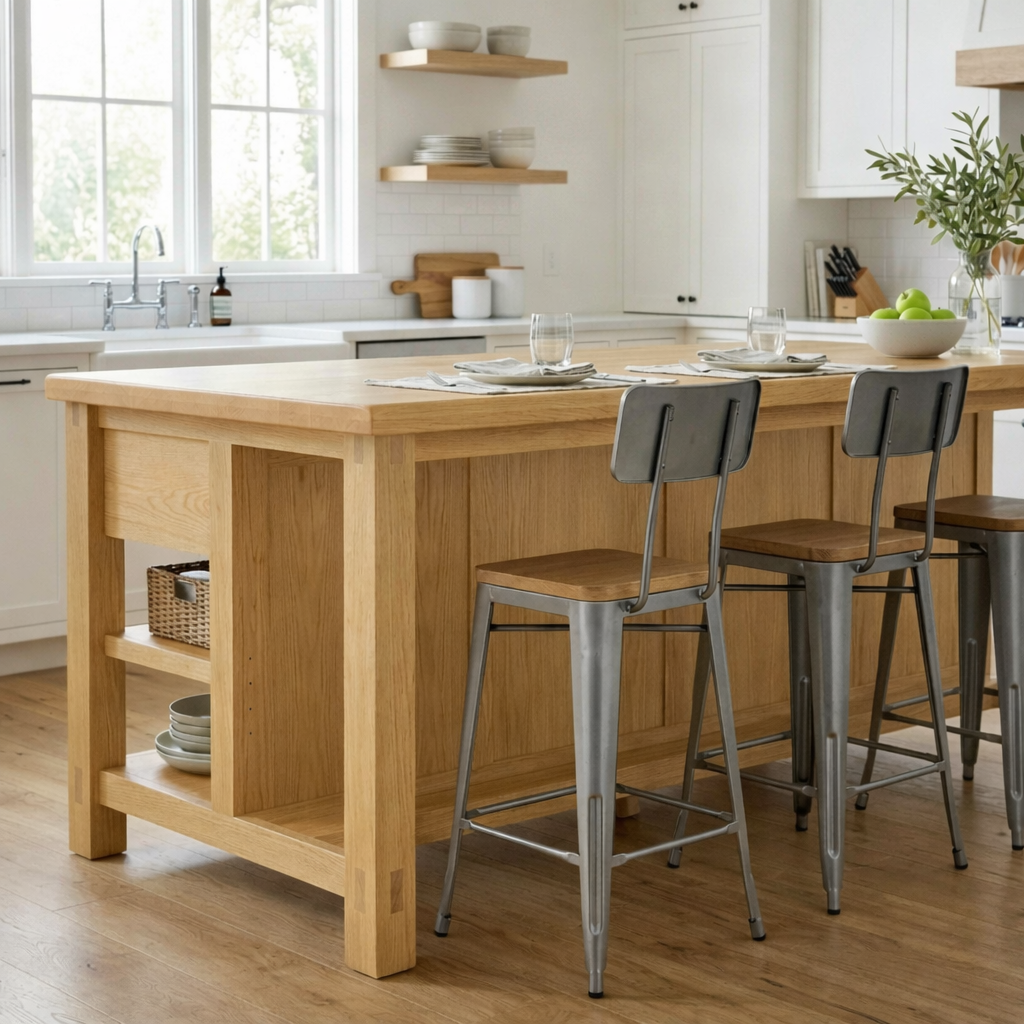 Solid Wood Kitchen Island with Drawers and Open Shelves – Farmhouse Butcher Block Prep Table