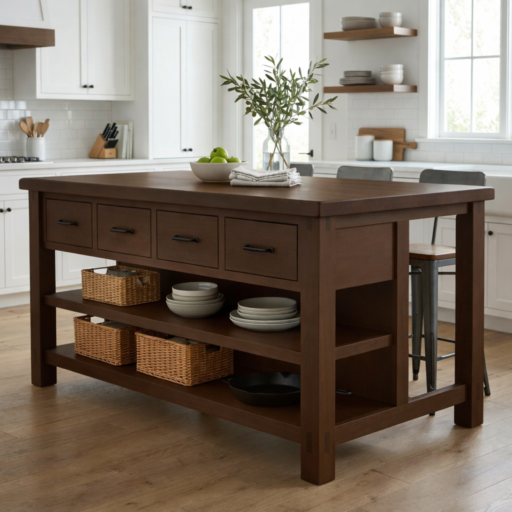 Solid Wood Kitchen Island with Drawers and Open Shelves – Farmhouse Butcher Block Prep Table Kitchnce