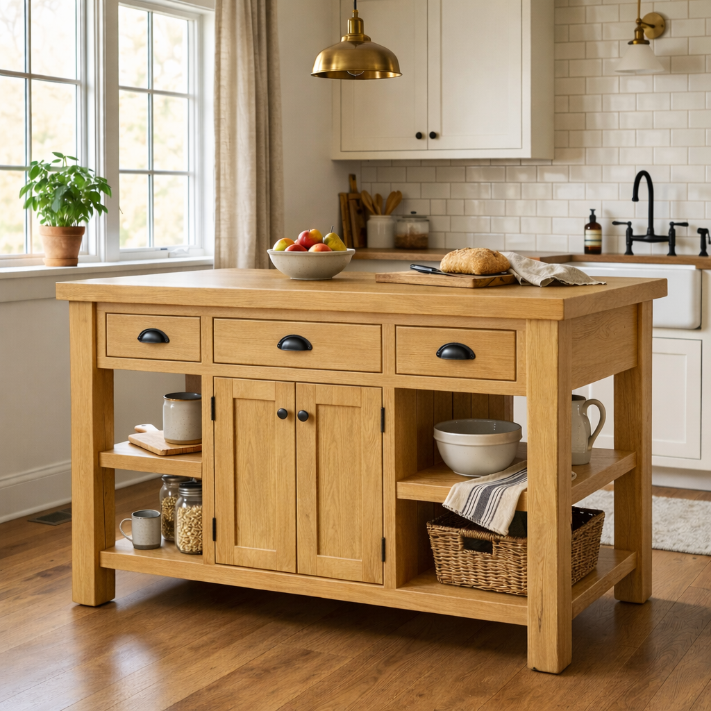 Farmhouse Solid Wood Kitchen Island with Drawers, Cabinet and Shelves – Prep Table