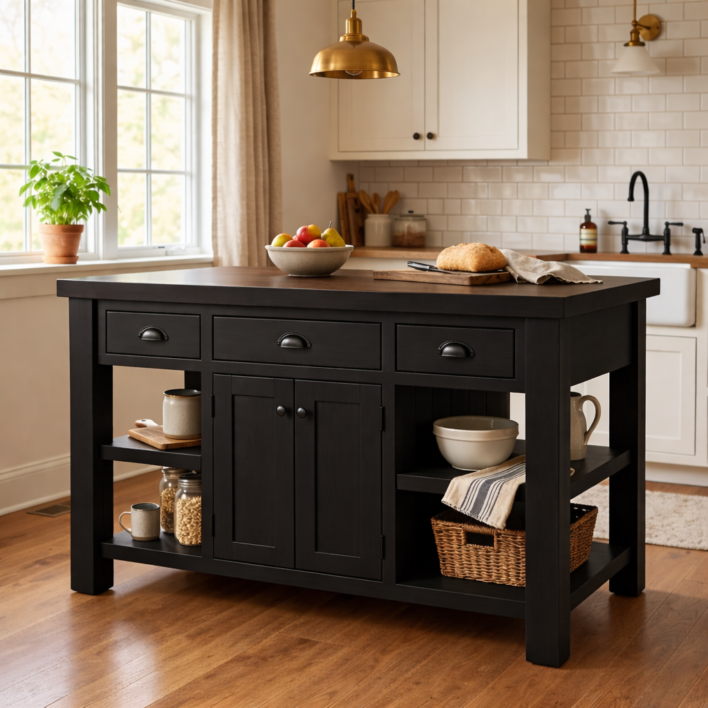 Farmhouse Solid Wood Kitchen Island with Drawers, Cabinet and Shelves – Prep Table Kitchnce