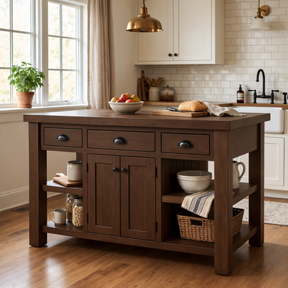 Farmhouse Solid Wood Kitchen Island with Drawers, Cabinet and Shelves – Prep Table Kitchnce
