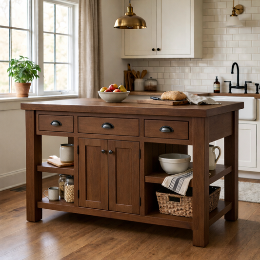 Farmhouse Solid Wood Kitchen Island with Drawers, Cabinet and Shelves – Prep Table Kitchnce