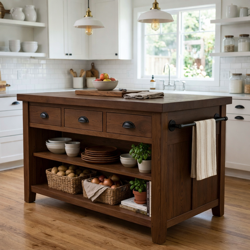 Farmhouse Solid Wood Kitchen Island with Drawers, Open Shelves and Towel Bar