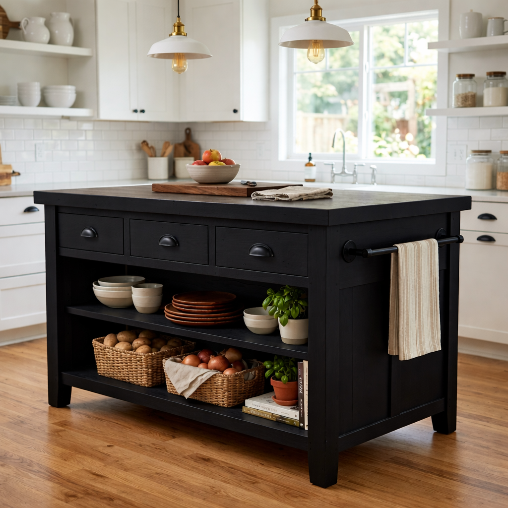 Farmhouse Solid Wood Kitchen Island with Drawers, Open Shelves and Towel Bar