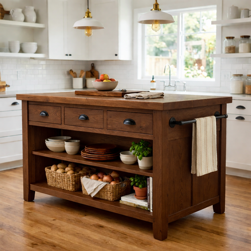 Farmhouse Solid Wood Kitchen Island with Drawers, Open Shelves and Towel Bar Kitchnce