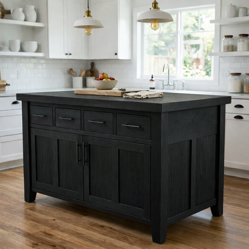 Solid Wood Kitchen Island with 4 Drawers and Cabinet – Farmhouse Storage Prep Table