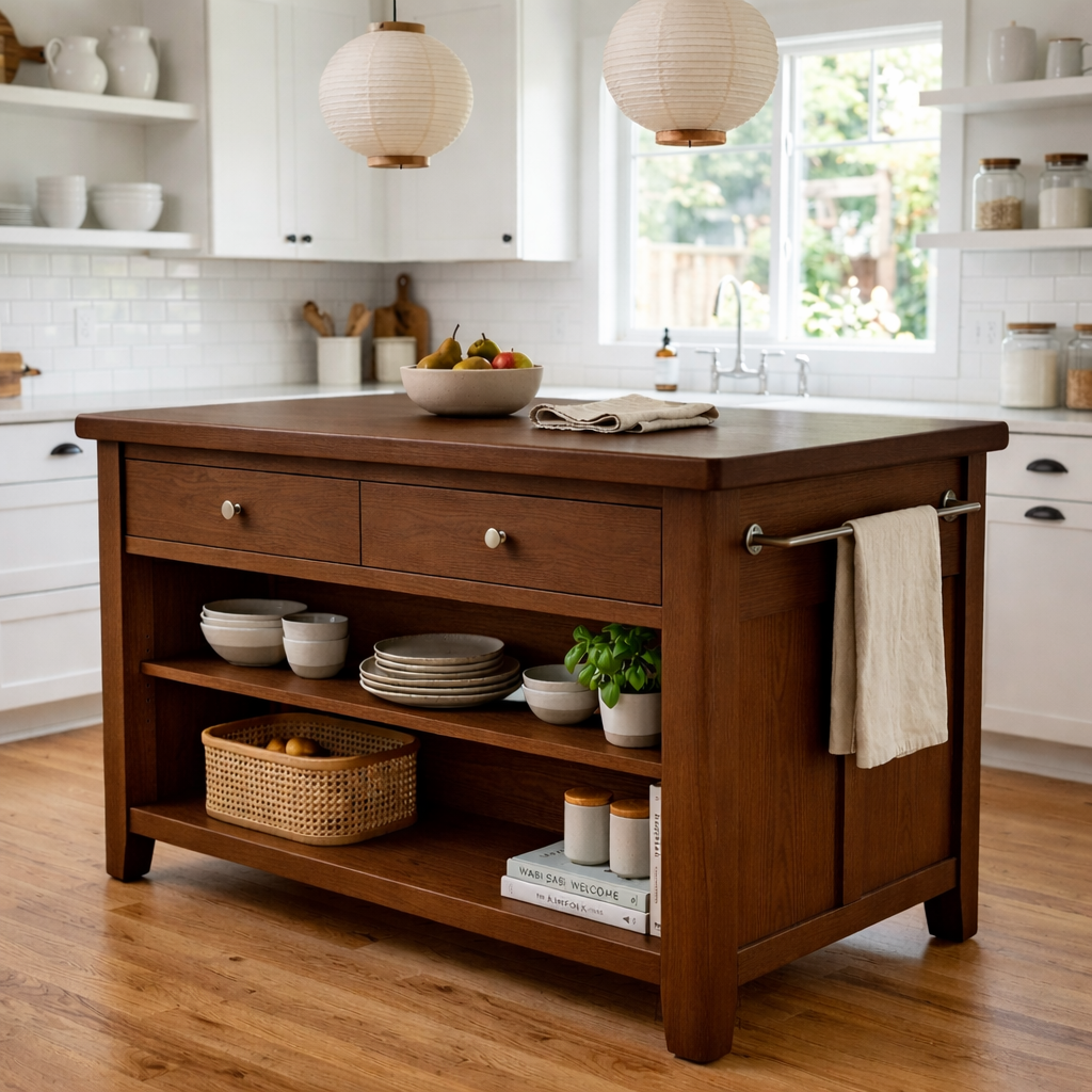 Solid Wood Kitchen Island with Drawers, Open Shelves and Towel Bar – Farmhouse Prep Table