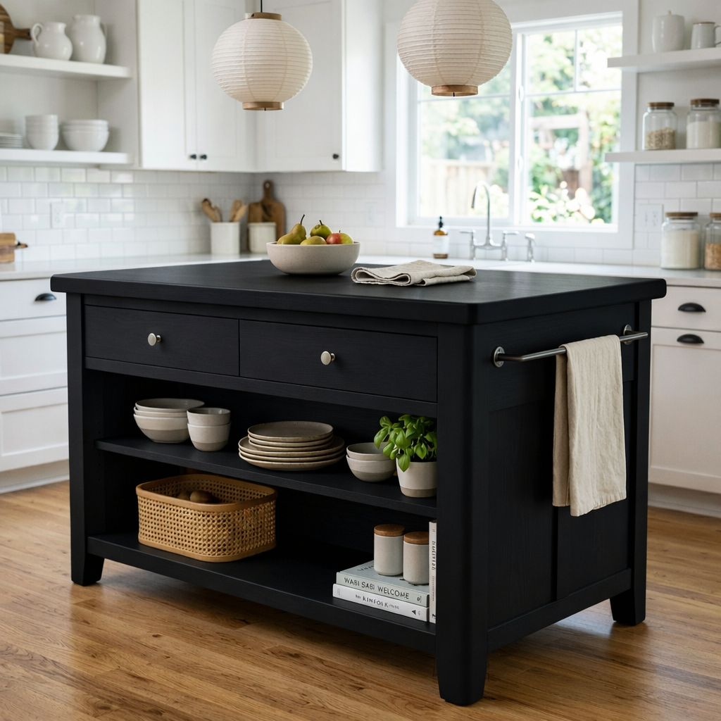 Solid Wood Kitchen Island with Drawers, Open Shelves and Towel Bar – Farmhouse Prep Table