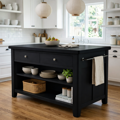 Solid Wood Kitchen Island with Drawers, Open Shelves and Towel Bar – Farmhouse Prep Table Kitchnce