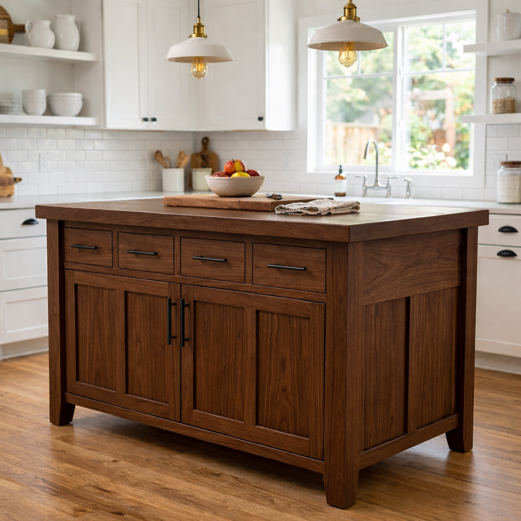 Solid Wood Kitchen Island with 4 Drawers and Cabinet – Farmhouse Storage Prep Table