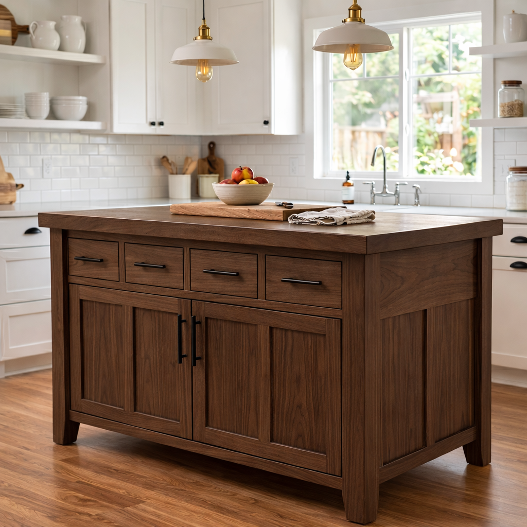 Solid Wood Kitchen Island with 4 Drawers and Cabinet – Farmhouse Storage Prep Table Kitchnce