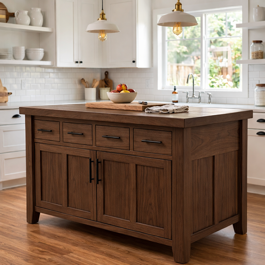 Solid Wood Kitchen Island with 4 Drawers and Cabinet – Farmhouse Storage Prep Table Kitchnce