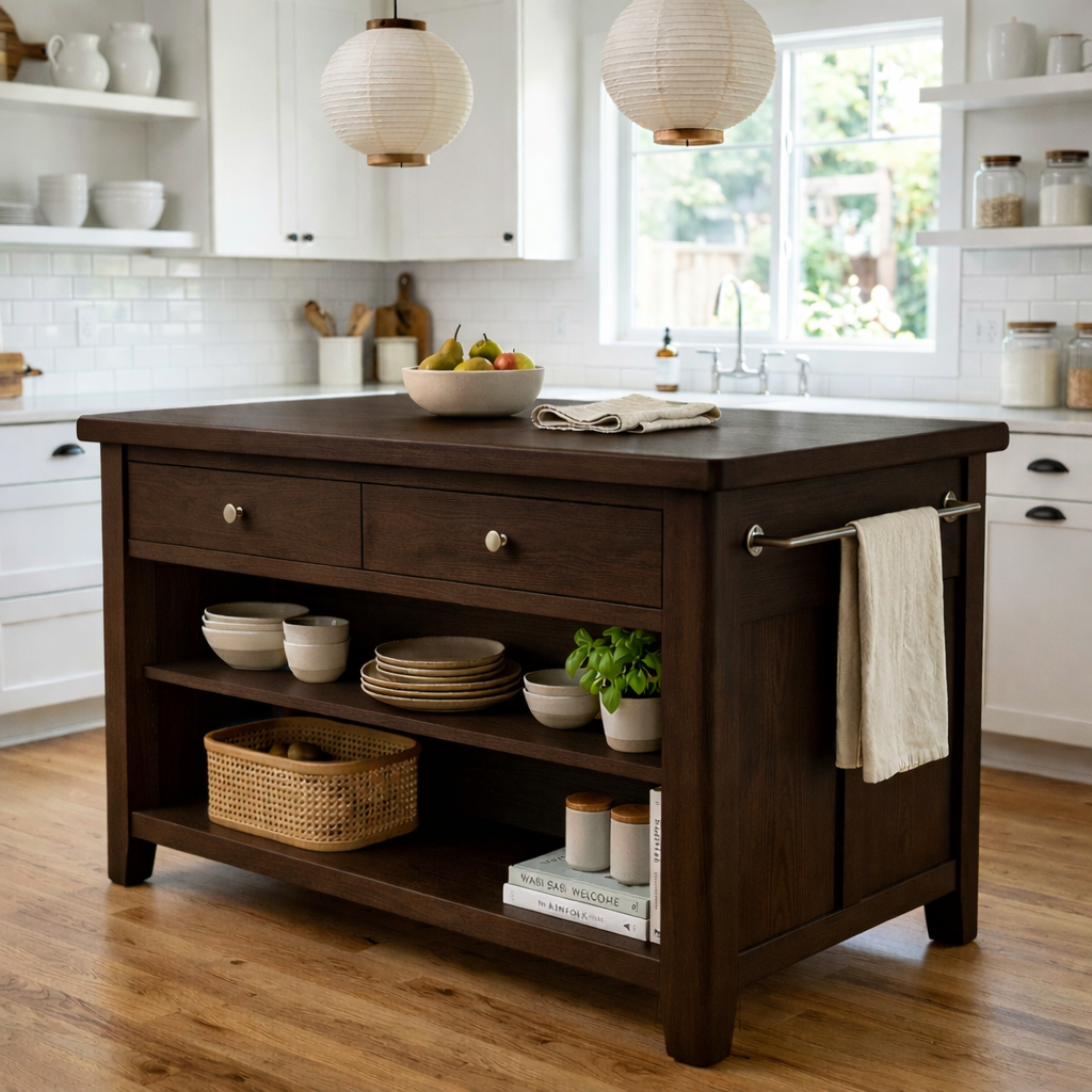 Solid Wood Kitchen Island with Drawers, Open Shelves and Towel Bar – Farmhouse Prep Table