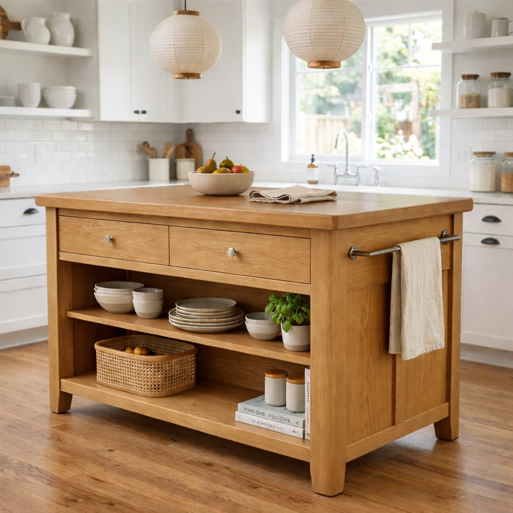 Solid Wood Kitchen Island with Drawers, Open Shelves and Towel Bar – Farmhouse Prep Table