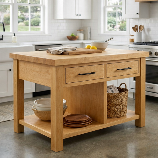 Solid Wood Kitchen Island with 2 Drawers and Open Shelf – Farmhouse Prep Table Kitchnce