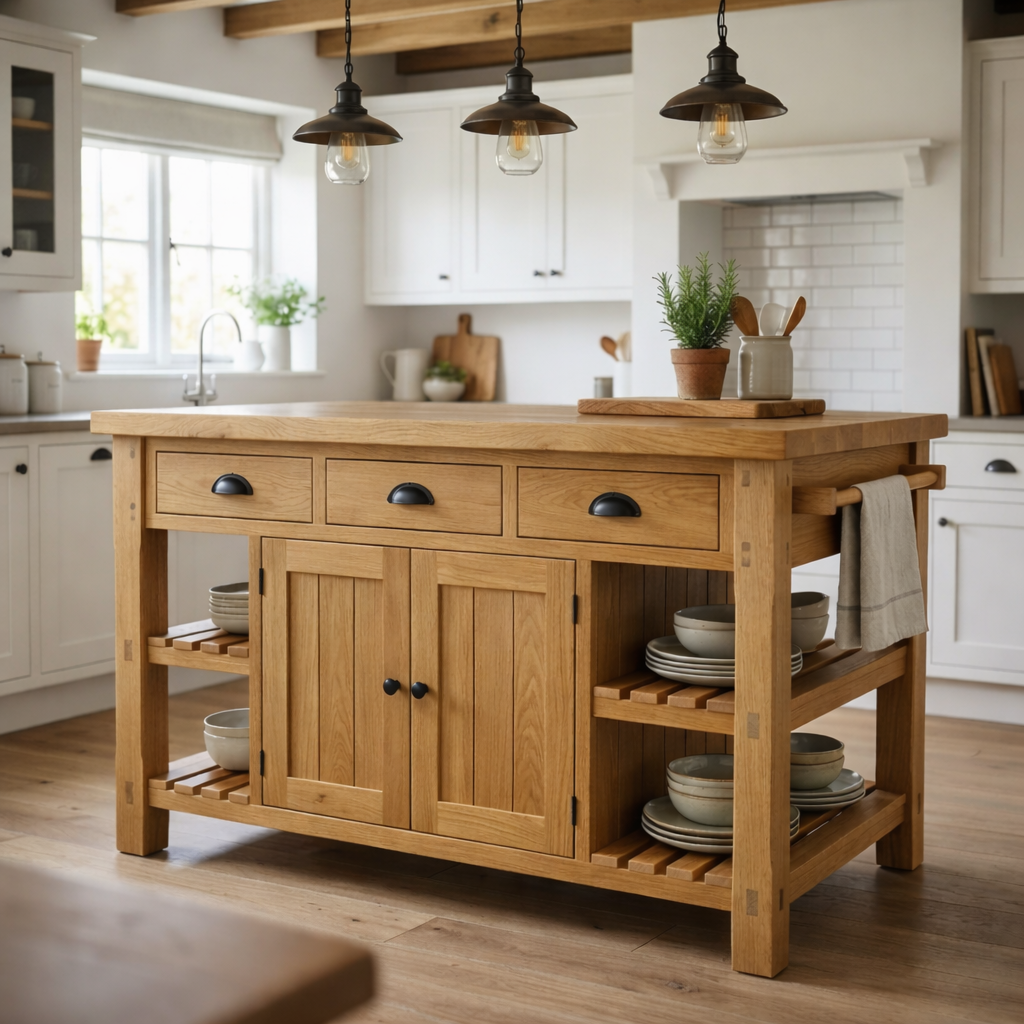 Farmhouse Solid Wood Kitchen Island with 3 Drawers, Cabinet and Open Shelves Kitchnce
