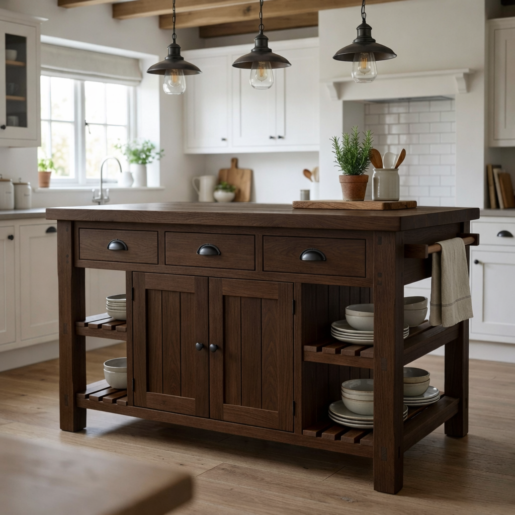 Farmhouse Solid Wood Kitchen Island with 3 Drawers, Cabinet and Open Shelves