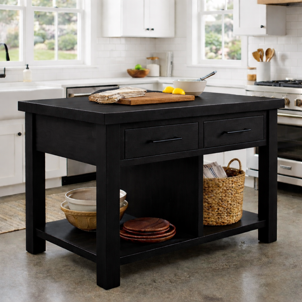 Solid Wood Kitchen Island with 2 Drawers and Open Shelf – Farmhouse Prep Table Kitchnce