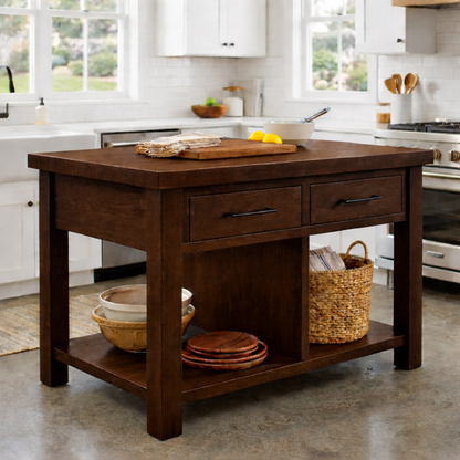 Solid Wood Kitchen Island with 2 Drawers and Open Shelf – Farmhouse Prep Table Kitchnce