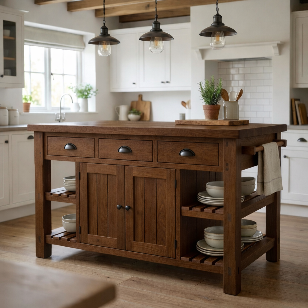 Farmhouse Solid Wood Kitchen Island with 3 Drawers, Cabinet and Open Shelves