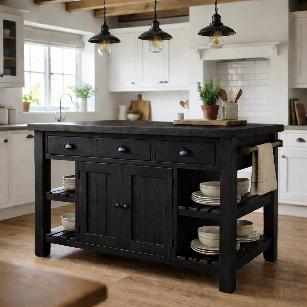 Farmhouse Solid Wood Kitchen Island with 3 Drawers, Cabinet and Open Shelves Kitchnce