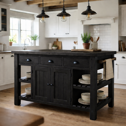 Farmhouse Solid Wood Kitchen Island with 3 Drawers, Cabinet and Open Shelves Kitchnce