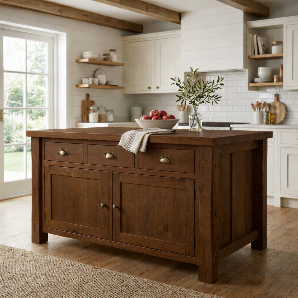 Solid Wood Farmhouse Kitchen Island with 3 Drawers and Double Cabinet Storage Kitchnce
