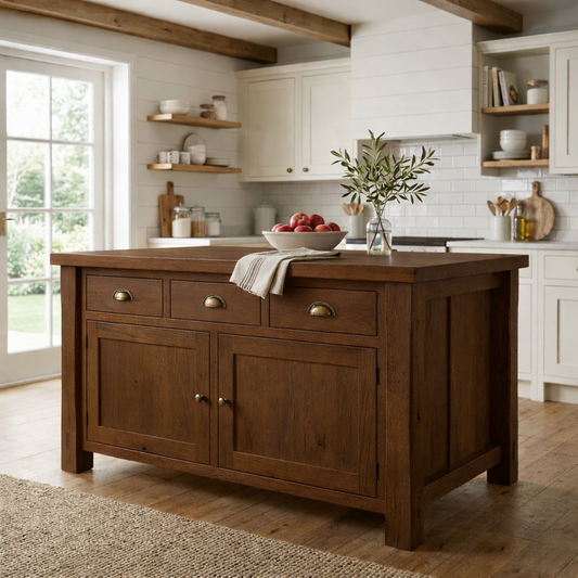 Solid Wood Farmhouse Kitchen Island with 3 Drawers and Double Cabinet Storage Kitchnce