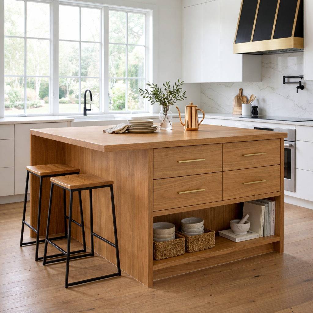 Solid Wood Kitchen Island with Overhang, 4 Drawers and Open Shelf Storage