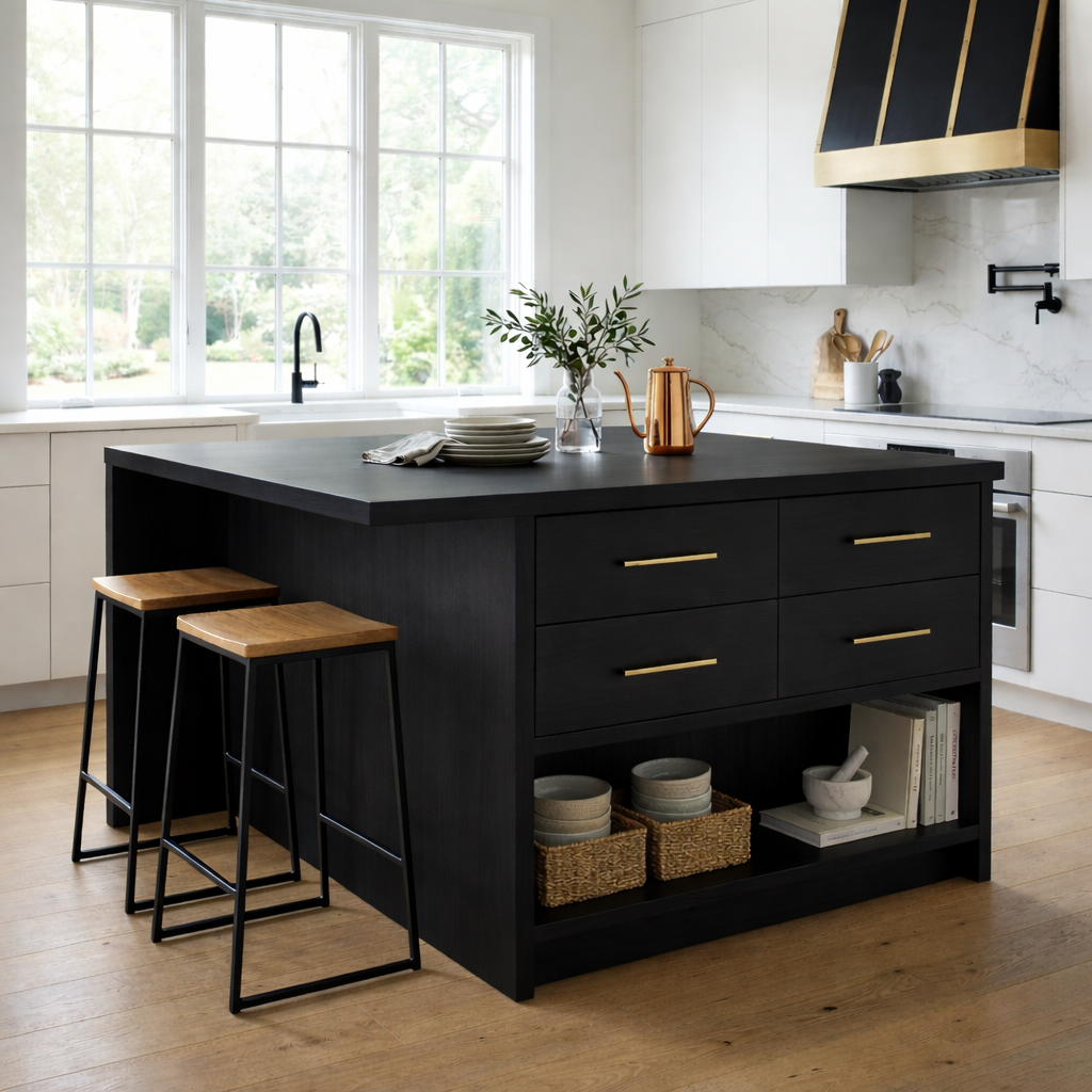 Solid Wood Kitchen Island with Overhang, 4 Drawers and Open Shelf Storage Kitchnce