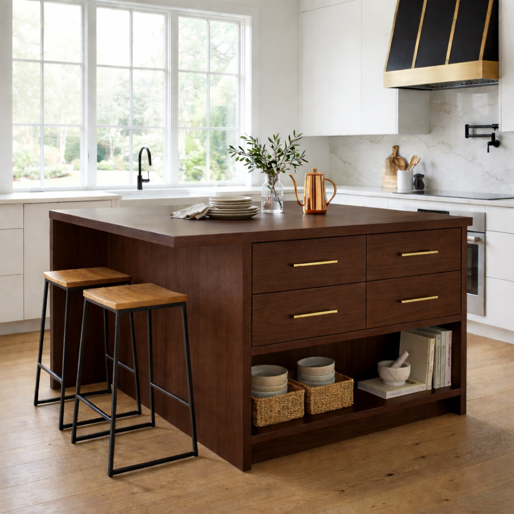 Solid Wood Kitchen Island with Overhang, 4 Drawers and Open Shelf Storage