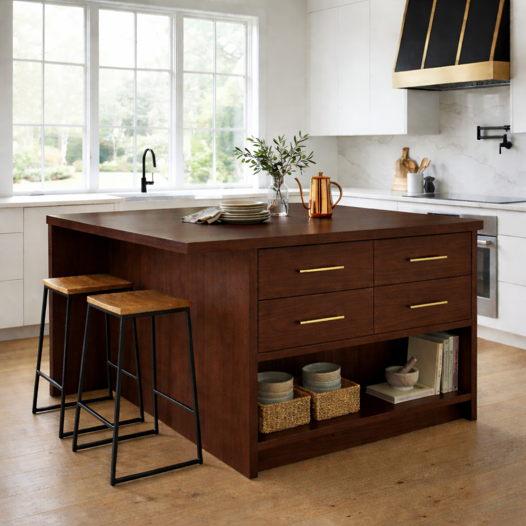 Solid Wood Kitchen Island with Overhang, 4 Drawers and Open Shelf Storage Kitchnce