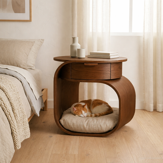 Solid Wood Nightstand with Built-in Cat Bed – Modern Curved Pet Friendly Bedside Table Kitchnce