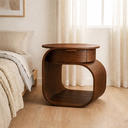 Solid Wood Nightstand with Built-in Cat Bed – Modern Curved Pet Friendly Bedside Table Kitchnce