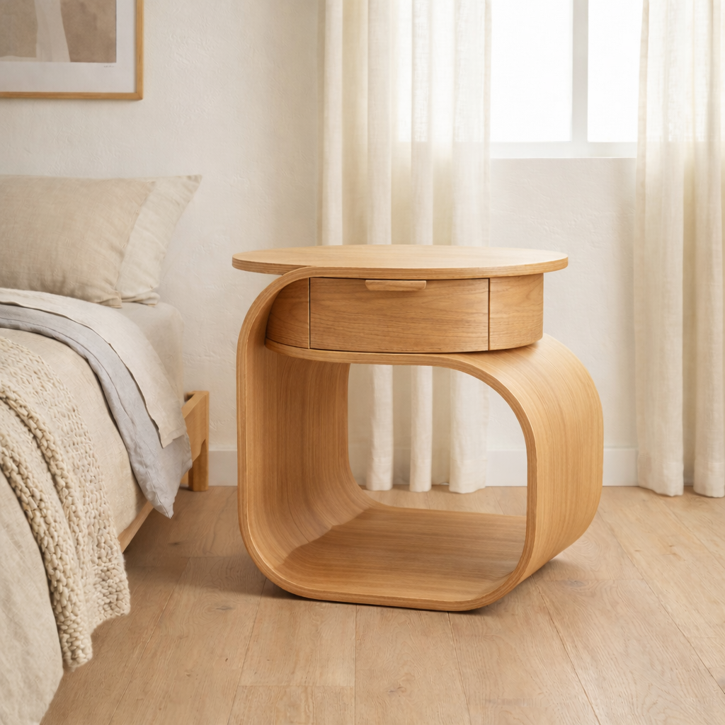 Solid Wood Nightstand with Built-in Cat Bed – Modern Curved Pet Friendly Bedside Table Kitchnce